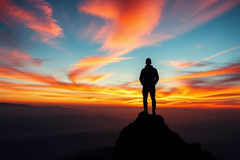 Create a high-resolution image of a silhouette of a person standing on a mountain peak at sunset, using a Canon EOS 5D Mark IV camera, with a 24-70mm f/2.8 lens, ISO 100, aperture f/8, shutter speed 1/200s, in a 16:9 aspect ratio, capturing vibrant colors and details in the sky.