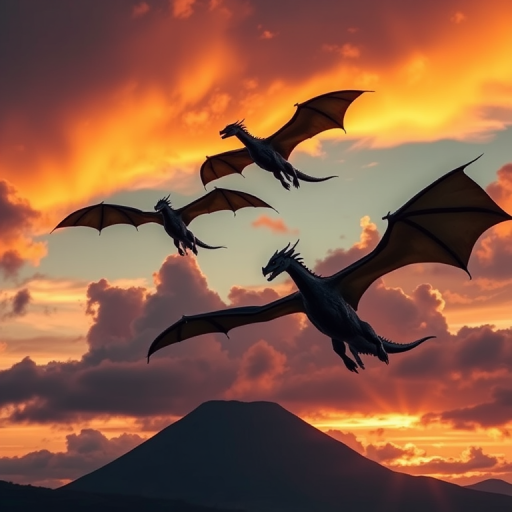 Create a high-resolution image of three dragons flying in a dramatic sunset sky with a volcano in the background, using a DSLR camera with a 24mm lens, aperture set to f/11, ISO 100, and a low-angle shot to capture depth and detail.