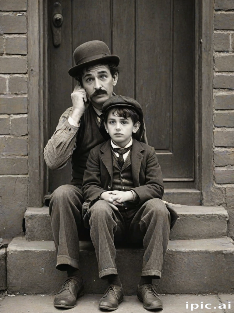 A black-and-white photograph of a man and a child sitting on steps in front of a doorway. The man is dressed as a tramp with a bowler hat, mustache, and ragged clothes, reminiscent of Charlie Chaplin's iconic look. He is sitting with his arms crossed and an expression of slight sadness or frustration. Next to him is a young boy, also in worn clothes and a cap, sitting with his hands clasped, looking thoughtful. The background is an old, textured wall and a partially open door, creating a vintage, early 20th-century atmosphere.