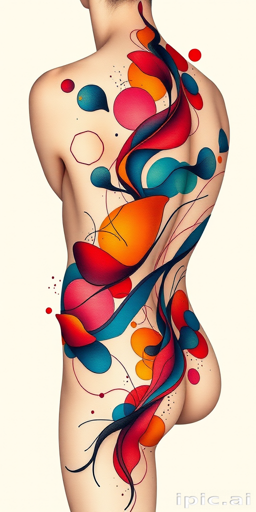 Avant-garde abstract tattoo featuring fluid shapes and organic forms, blending vibrant colors with negative space to create a dynamic, ever-changing composition across the body