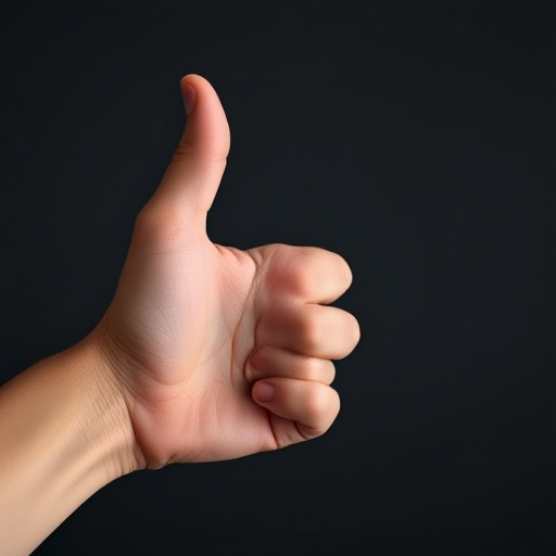 Close-up of a human hand giving a thumbs up on a neutral dark background, 50mm lens, f/2.8 aperture, ISO 100, shallow depth of field, soft lighting, DSLR camera.
