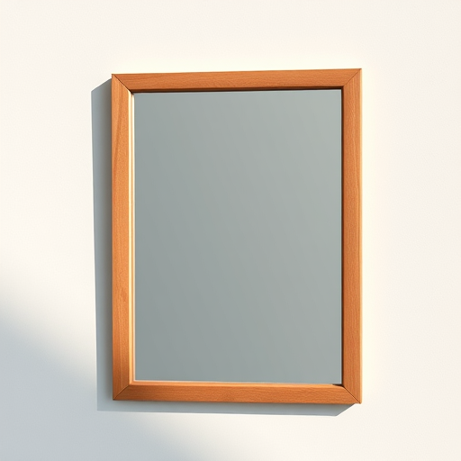Create a high-resolution image of a rectangular wooden-framed mirror with a clean reflection on a plain background, shot with a DSLR camera at f/8 aperture, 50mm lens, ISO 100, using natural lighting from the left to enhance reflections and textures.