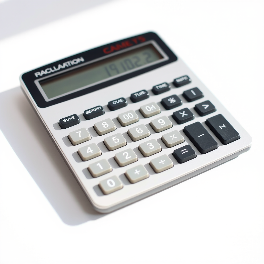 A high-resolution image of a modern calculator on a white background, taken with a DSLR camera at f/4 aperture, 24mm focal length, ISO 100, using natural lighting to enhance clarity and contrast.