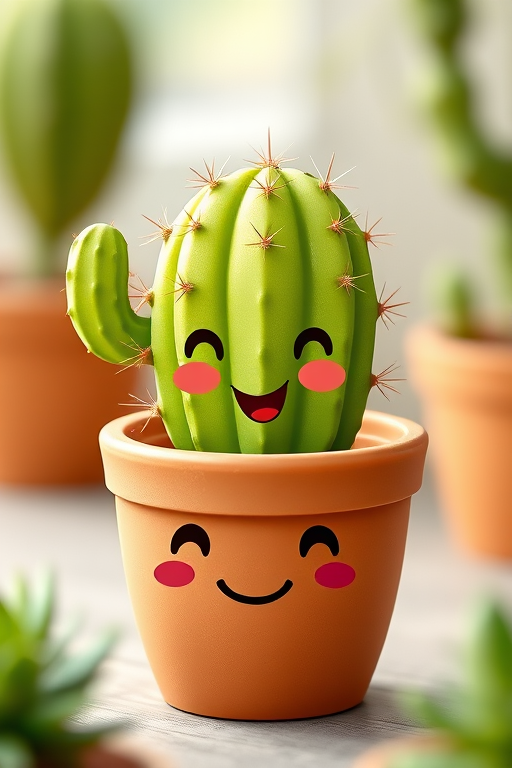 Create a highly detailed illustration of a cartoon cactus in a smiling pot, with vibrant green colors and a soft, friendly expression, captured in a soft focus with natural light, using a DSLR camera at f/2.8 aperture, 50mm lens, ISO 100, and a shallow depth of field.