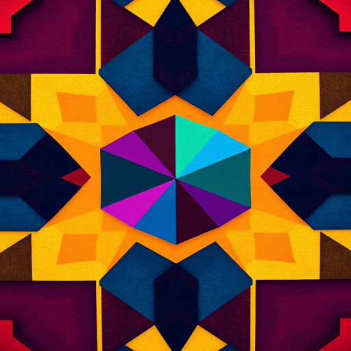 Create an abstract geometric design with vibrant colors and contrasting shapes, captured with a DSLR camera using a 50mm lens at f/1.8, ISO 100, and a shutter speed of 1/250s from an overhead view to emphasize depth and detail.
