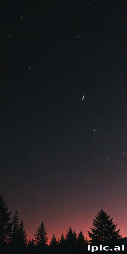 Serene Night Sky with a Crescent Moon and Twinkling Stars Above Trees