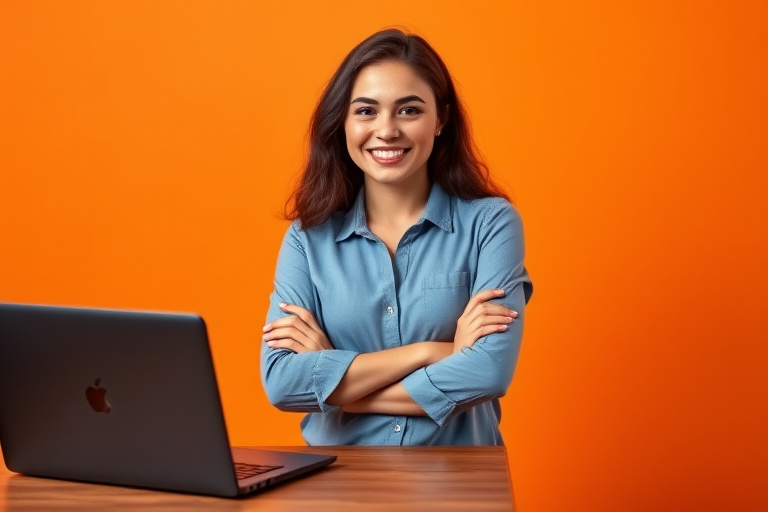 A portrait of a young woman with a confident smile, standing with arms crossed next to a laptop on a wooden table, with a vibrant orange background, captured with a Canon EOS 5D Mark IV, 50mm lens, f/1.8 aperture, ISO 100, and natural light.