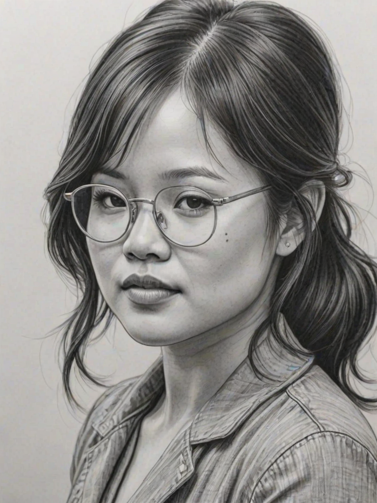 Dazzling Kelly Marie Tran, pencil sketch, portrait of Pleasing woman 1936s in glasses, hair style beatnik, outline, clear lines, fine lines, 8k