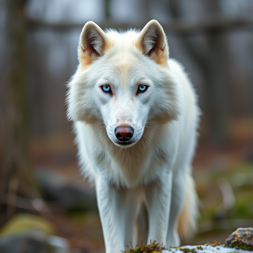 Create an image of a majestic white wolf standing proudly with piercing blue eyes in a natural setting, using a full-frame DSLR camera, 50mm lens, f/2.8 aperture, ISO 100, shot at eye level with natural lighting to enhance detail and color vibrancy.