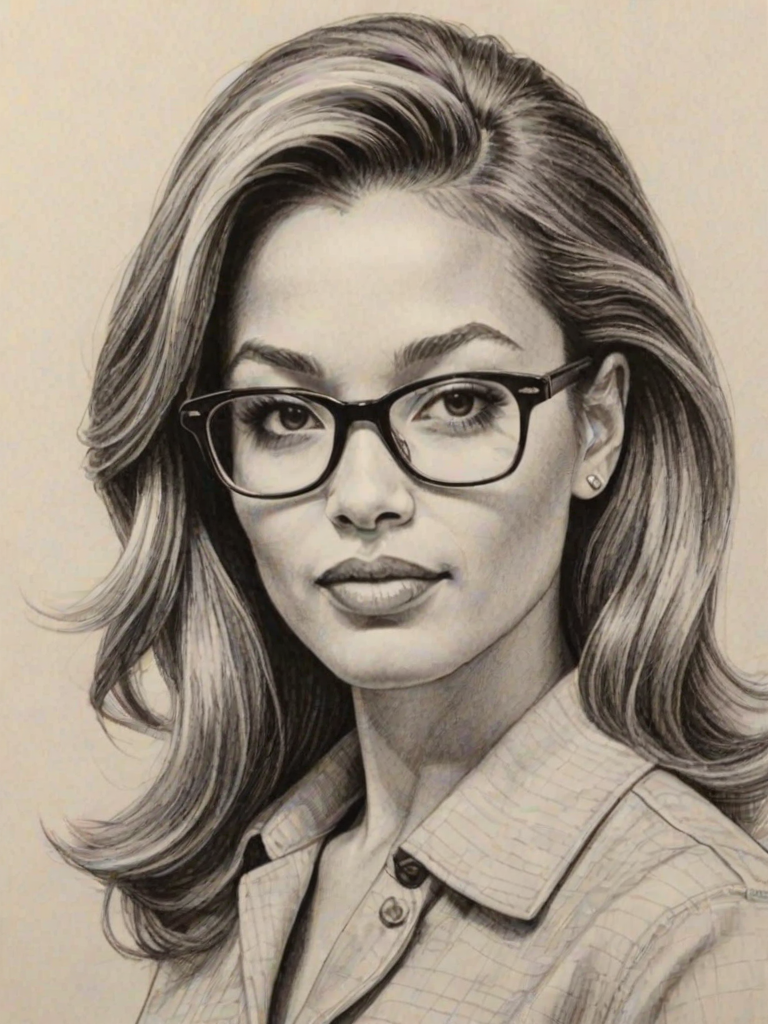 Charming Michael Michele, pencil sketch, portrait of Appealing woman 1960s in glasses, hair style beatnik, outline, clear lines, fine lines, 8k