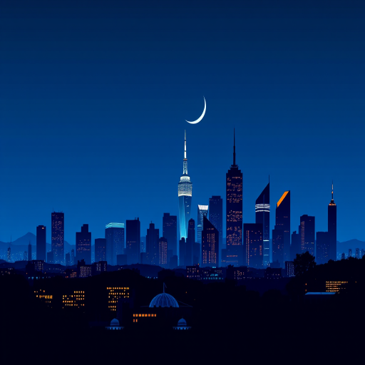 Create a digital illustration of a city skyline at night with a crescent moon, using a wide-angle lens, f/8 aperture, ISO 100, 24mm focal length, captured in a vector art style with vibrant blue tones and smooth gradients for a clean, modern look.