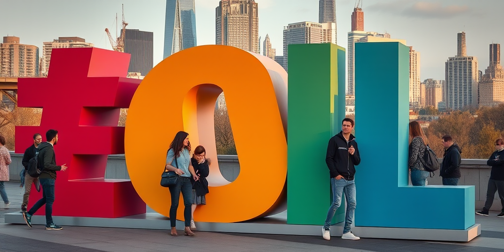 Capture a vibrant outdoor scene featuring a group of people interacting with oversized colorful letters, with the city skyline in the background, using a Canon EOS R5, 35mm lens, aperture f/4, shutter speed 1/200s, ISO 100, soft natural light for enhanced clarity and detail.