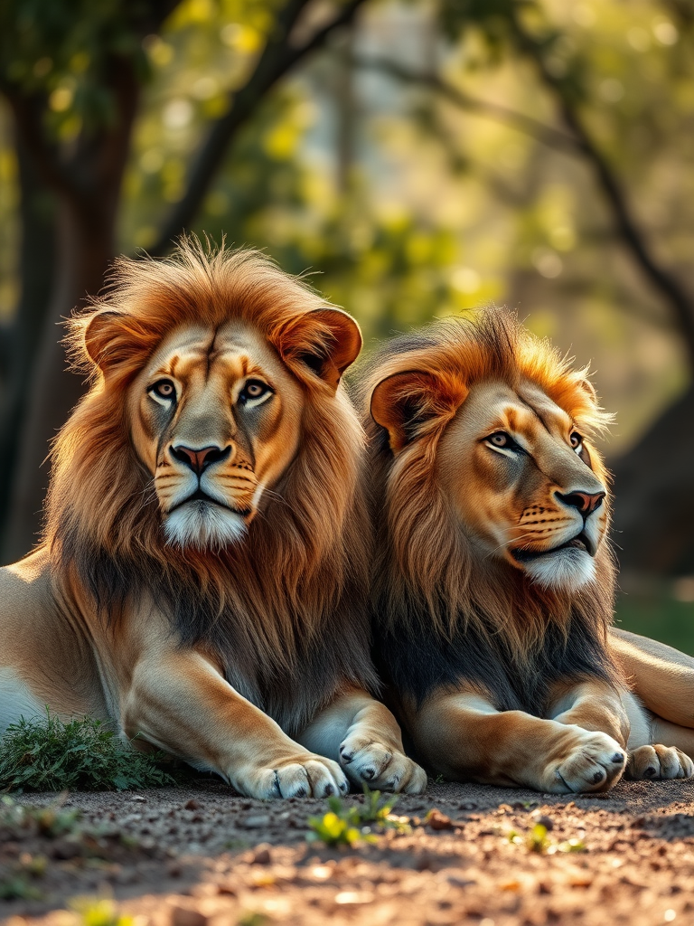 Create a high-resolution image of two lions resting side by side in a natural setting with soft sunlight filtering through the trees, using a full-frame DSLR camera at f/2.8, ISO 100, shutter speed 1/500s, capturing a shallow depth of field for a blurred background effect.