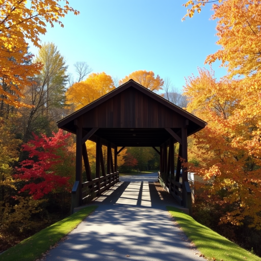 A picturesque covered bridge surrounded by autumn foliage, captured with a Canon EOS R5, 24mm lens, f/8 aperture, ISO 100, 1/200 sec shutter speed, using a wide-angle view for vibrant colors and sharp details in a sunny landscape.