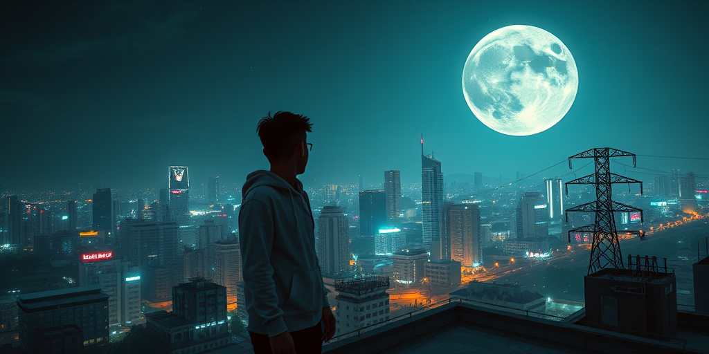 A young person standing on a rooftop overlooking a futuristic cityscape at night under a large moon, with illuminated buildings and power lines, captured with a Canon EOS R5, 24mm lens, f/2.8, ISO 400, shutter speed 1/60 sec, in a cinematic style with vibrant colors and dramatic lighting.