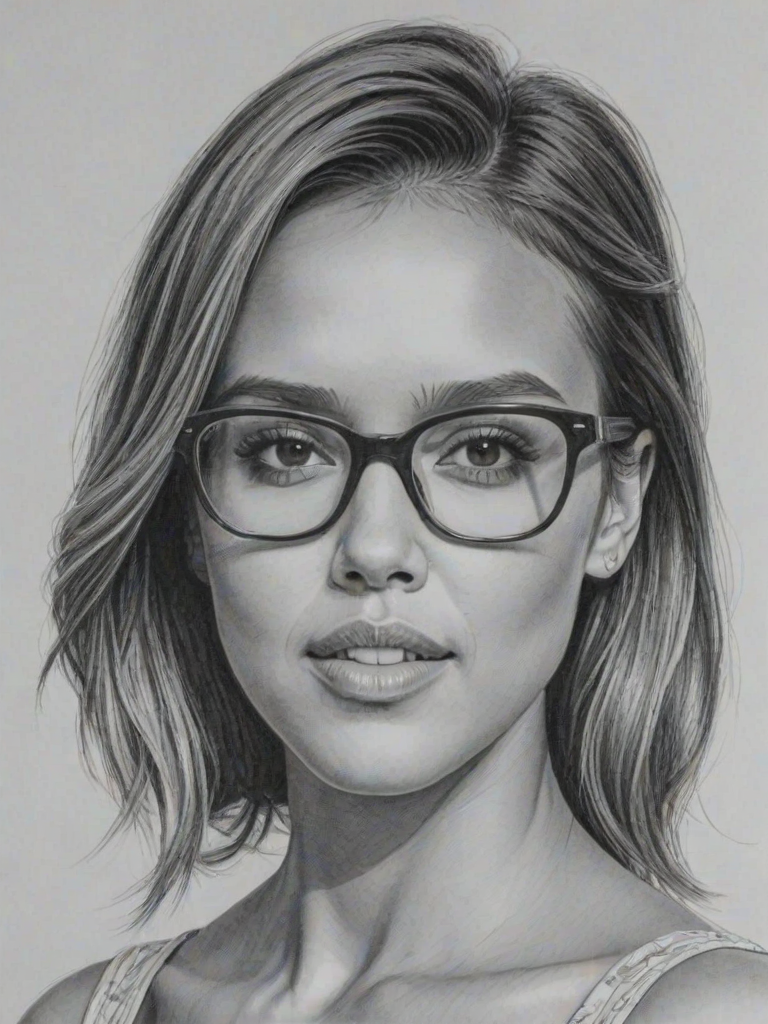 Magnificent Jessica Alba, pencil sketch, portrait of Enticing woman 1965s in glasses, hair style beatnik, outline, clear lines, fine lines, 8k