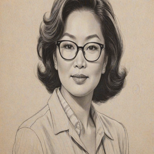 Radiant Connie Chung, pencil sketch, portrait of Stunning woman 1944s in glasses, hair style beatnik, outline, clear lines, fine lines, 8k