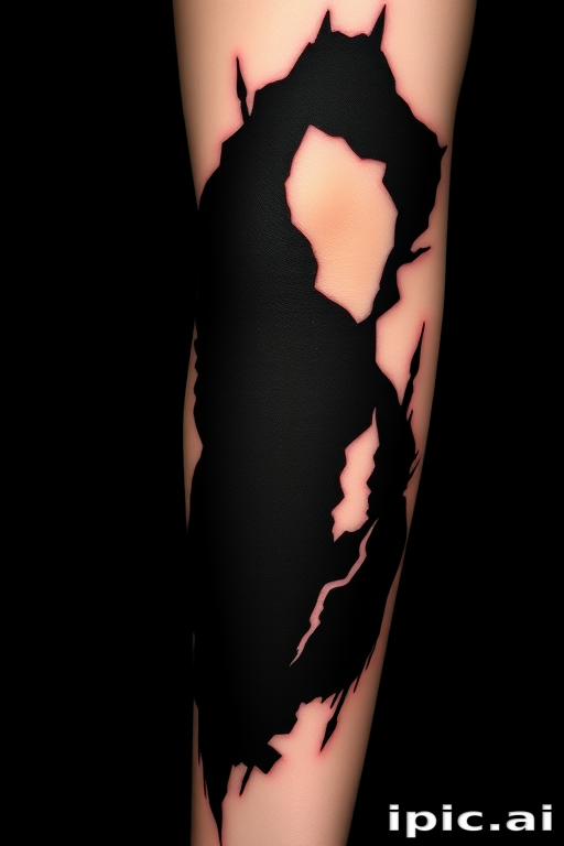 Blackout tattoo style named "Negative Space Illusion" using large areas of solid black ink with strategic gaps to create striking silhouettes and shapes, suitable for bold arm or leg designs