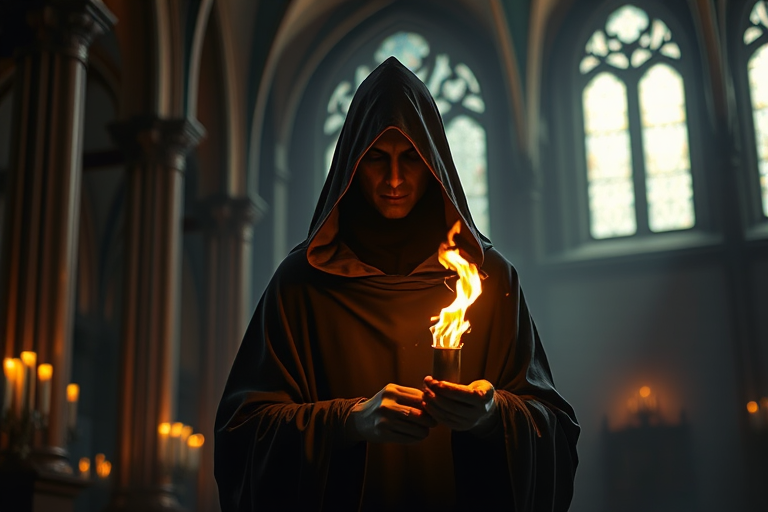 Regenerate a digital art image of a cloaked figure holding a flame in a dark cathedral setting with candlelight, using a Canon EOS R5, 50mm lens, f/1.8 aperture, ISO 100, soft focus for depth, and vibrant colors for an ethereal glow effect.