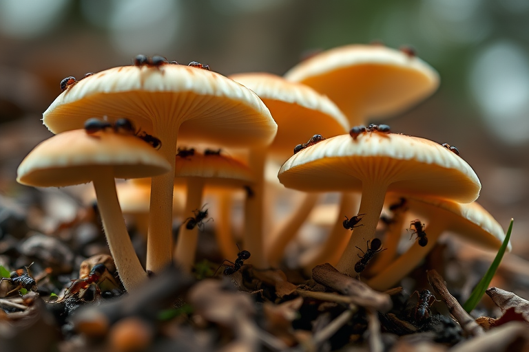 macro shot of mushrooms with ants, shallow depth of field, f/2.8, ISO 200, 1/100s, low angle view, natural soft light, DSLR camera, 50mm lens