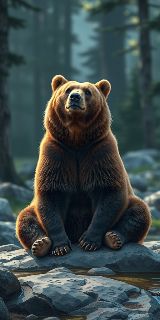 A realistic illustration of a sitting brown bear on a rocky surface in a forest setting, capturing the bear's detailed fur texture and surroundings, shot with a Canon EOS R5, 50mm lens, f/2.8 aperture, 1/125 sec shutter speed, focus on the bear with a soft background blur.