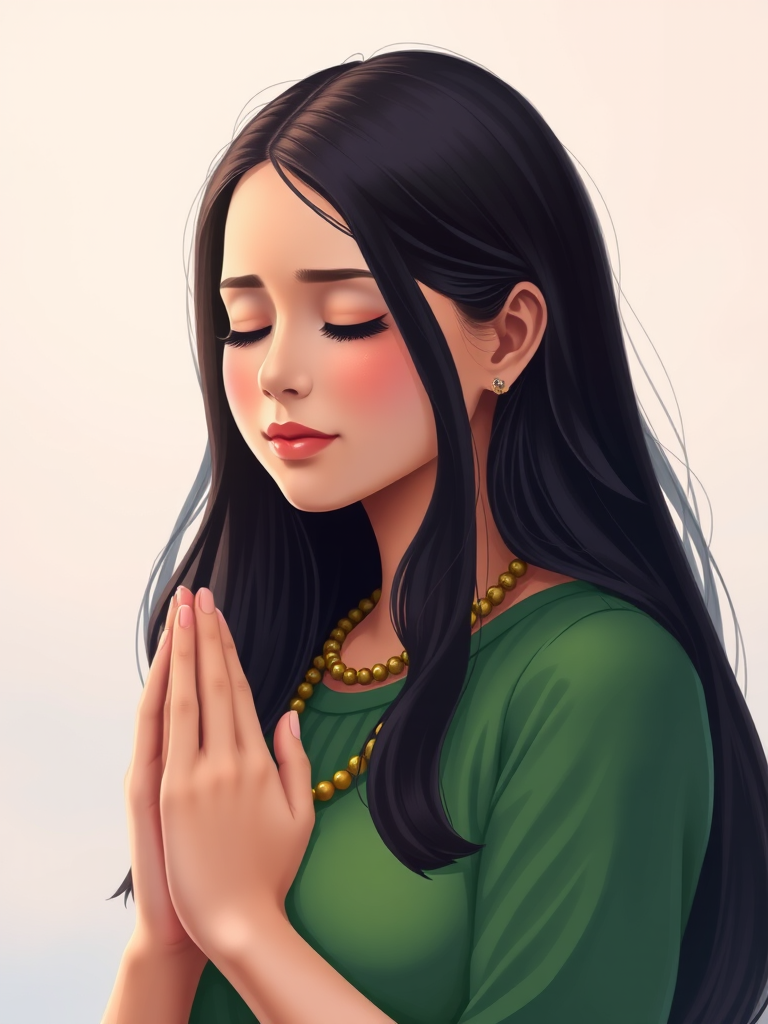 Create a digital illustration of a woman with long dark hair, eyes closed in a prayerful pose, wearing a green top and a beaded necklace, shot with a high-resolution DSLR camera at f/2.8 aperture, 50mm lens, soft focus background, natural lighting, and vibrant color grading.