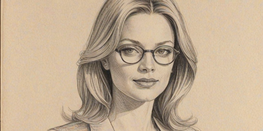 Beauteous Amanda Detmer, pencil sketch, portrait of Elegant woman 1973s in glasses, hair style beatnik, outline, clear lines, fine lines, 8k