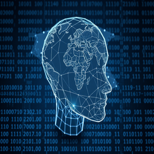 Create a 3D wireframe head with a digital world map overlay and binary code in the background, shot with a 50mm lens, f/1.8 aperture, ISO 100, and top-down view using a DSLR camera for high detail and contrast.