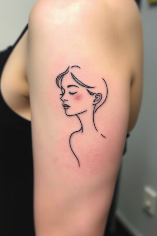Elegant minimalist tattoo featuring a single continuous line forming a graceful portrait, clean and simple design with subtle curves and angles, understated yet powerful artistic statement