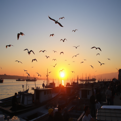 Bustling fishing harbor at sunrise, fishermen preparing their boats, gulls soaring overhead, and the warm glow of the sun reflecting off the water, creating a picturesque morning scene.