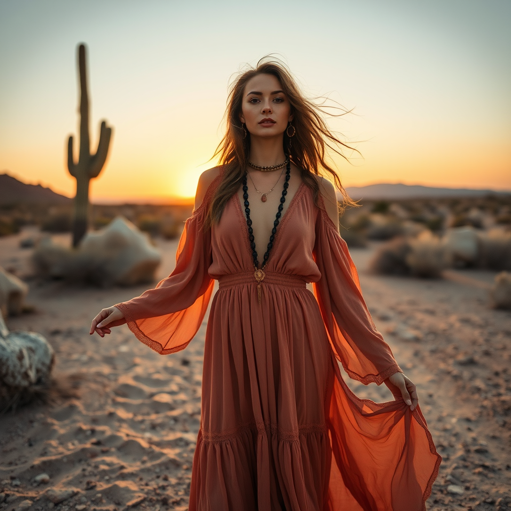 Desert setting, bohemian model, flowy dresses, earthy tones, rustic sunset effect,  equipped with a 12mm lens to capture an overhead view of the model, emphasizing symmetry and spatial positioning