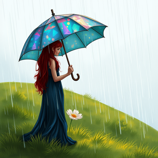 A surreal hand-drawn digital artwork depicting a mysterious red-haired woman standing on a grassy hill under the rain. She holds an umbrella crafted from iridescent zircon, its vibrant sheen contrasting with the soft, rainy atmosphere. The scene feels dreamlike, blending the natural elements of the hill and rain with the otherworldly shimmer of the umbrella.