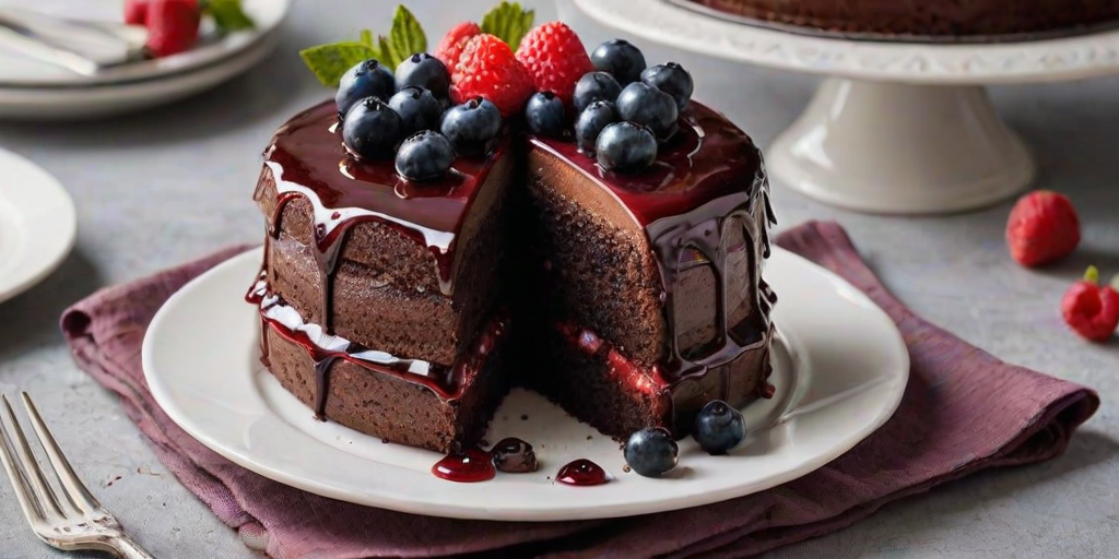 Create an image of a beautifully layered chocolate cake with a glossy red fruit glaze on top. The cake should be displayed on an elegant white plate, with a slice cut out and placed on a separate plate. Include details like fresh berries on top of the glaze and a decorative fork beside the plates. The background should be softly lit to enhance the cake's colors and textures.