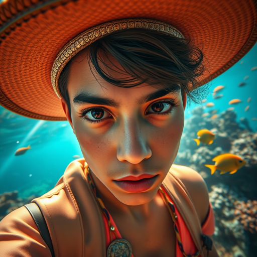 Realistic selfie image of a Hispanic, wearing a vintage outfit, detailed dreamy eyes, droopy hooded eyes, staring at the camera, taken underwater at coral reef with a sunbeam filtering through the water, vibrant, summer vacation, natural lighting, turtle and school of tropical fish with vibrant colors, rendered in the style of CryEngine, Pegi Nicol MacLeod, with realistic genre scenes, hauntingly beautiful narratives, ultra-realism, and Thomas Saliot's close-up technique, 8K resolution, crystal clear and sparkling water.