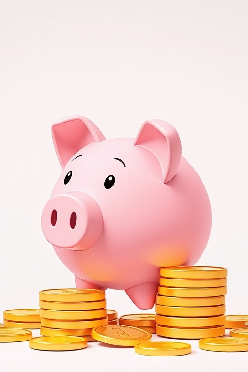 Create a high-resolution illustration of a cute pink piggy bank next to a stack of shiny gold coins, using a DSLR camera type, 50mm lens, f/2.8 aperture, ISO 100, soft lighting for a vibrant and clear view.