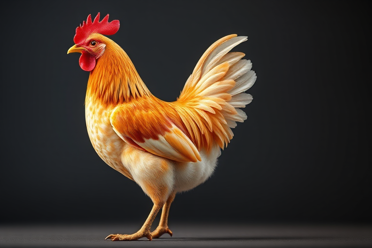 A realistic 3D rendering of a chicken standing proudly, with detailed feathers and a vibrant color palette, using a DSLR camera at f/2.8, ISO 100, 50mm lens, side view, soft focus background for depth.