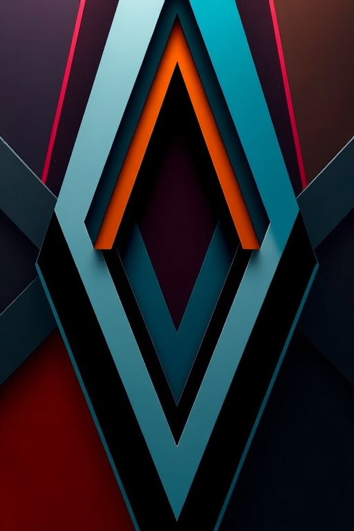 Create an abstract geometric design with sharp lines and contrasting colors, captured with a DSLR camera, 50mm lens, f/1.8 aperture, ISO 200, 1/125 shutter speed, with a slight vignette effect for depth and clarity.