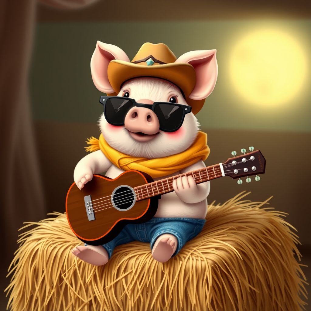 A chibi pig, dressed as a cowboy, playing guitar, sitting on a hay bale