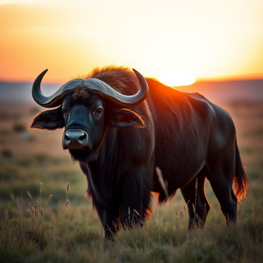 create a detailed illustration of a buffalo standing majestically in a grassland during sunset, using a DSLR camera with a 50mm lens, aperture set to f/1.8 for a blurred background, ISO 100 for clarity, and a soft golden hour light for enhanced colors and shadows, shot from a low angle to emphasize size and presence, with a focus on fur texture and natural surroundings