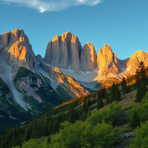 Capture a stunning landscape of the Dolomites during golden hour with a DSLR camera, 24mm lens, f/8 aperture, ISO 100, using a tripod for stability, emphasize sharp details and vibrant colors in the rocky peaks and lush greenery in the foreground.