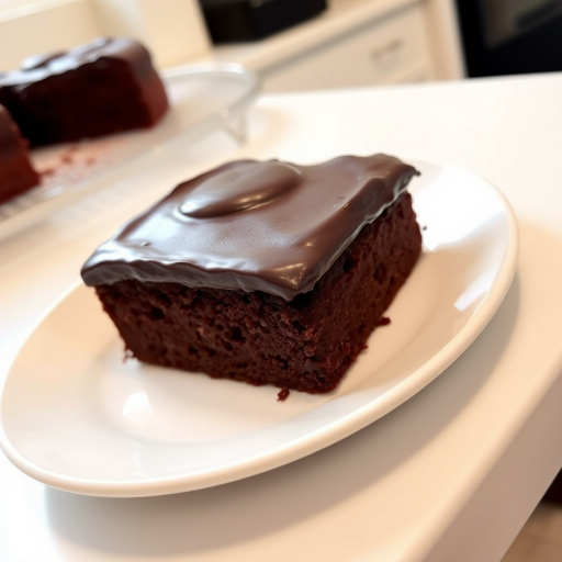 A richly frosted chocolate cake slice on a white plate with a glossy chocolate icing on top, surrounded by a light kitchen setting.
