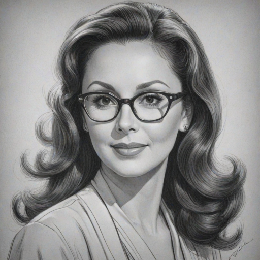 Elegant Marlo Thomas, pencil sketch, portrait of Graceful woman 1940s in glasses, hair style beatnik, outline, clear lines, fine lines, 8k