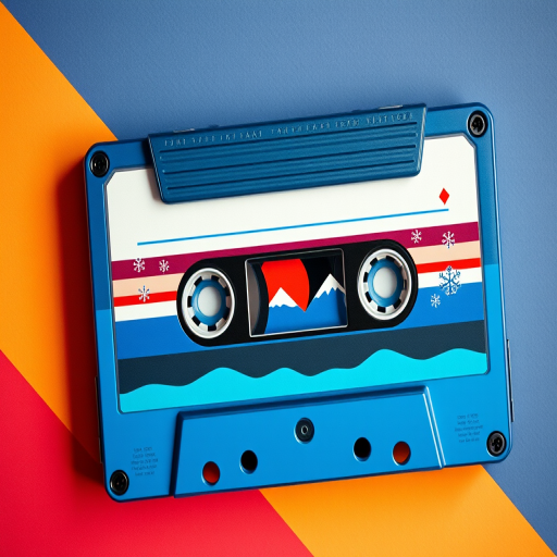 A retro cassette tape with a blue design, featuring stylized mountains, a red sun, and snowflakes, high resolution, 50mm lens, f/2.8 aperture, ISO 100, top-down view, digital art style, vibrant colors.