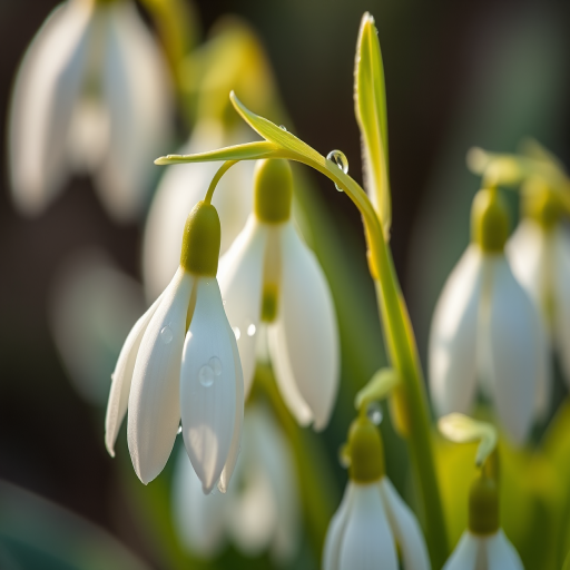Generate a close-up image of delicate snowdrop flowers in soft-focus with dew droplets on petals, using a DSLR camera, f/2.8 aperture, 50mm lens, ISO 100, natural light, shallow depth of field.