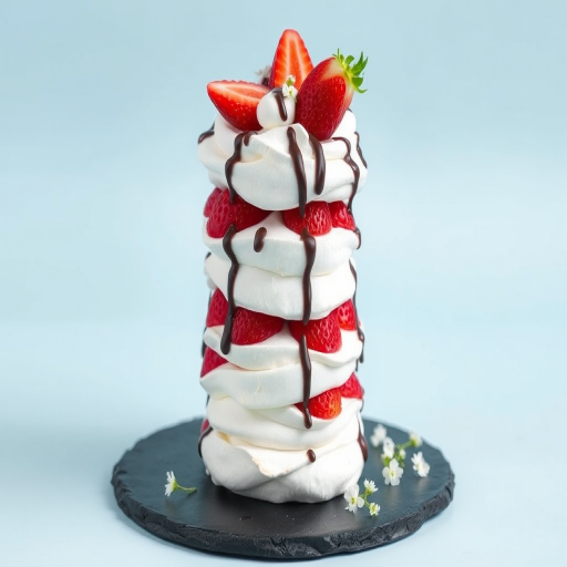 A tall layered dessert made of meringue, filled with whipped cream and fresh strawberries, drizzled with chocolate, on a black slate plate, against a light blue background, garnished with small white flowers.