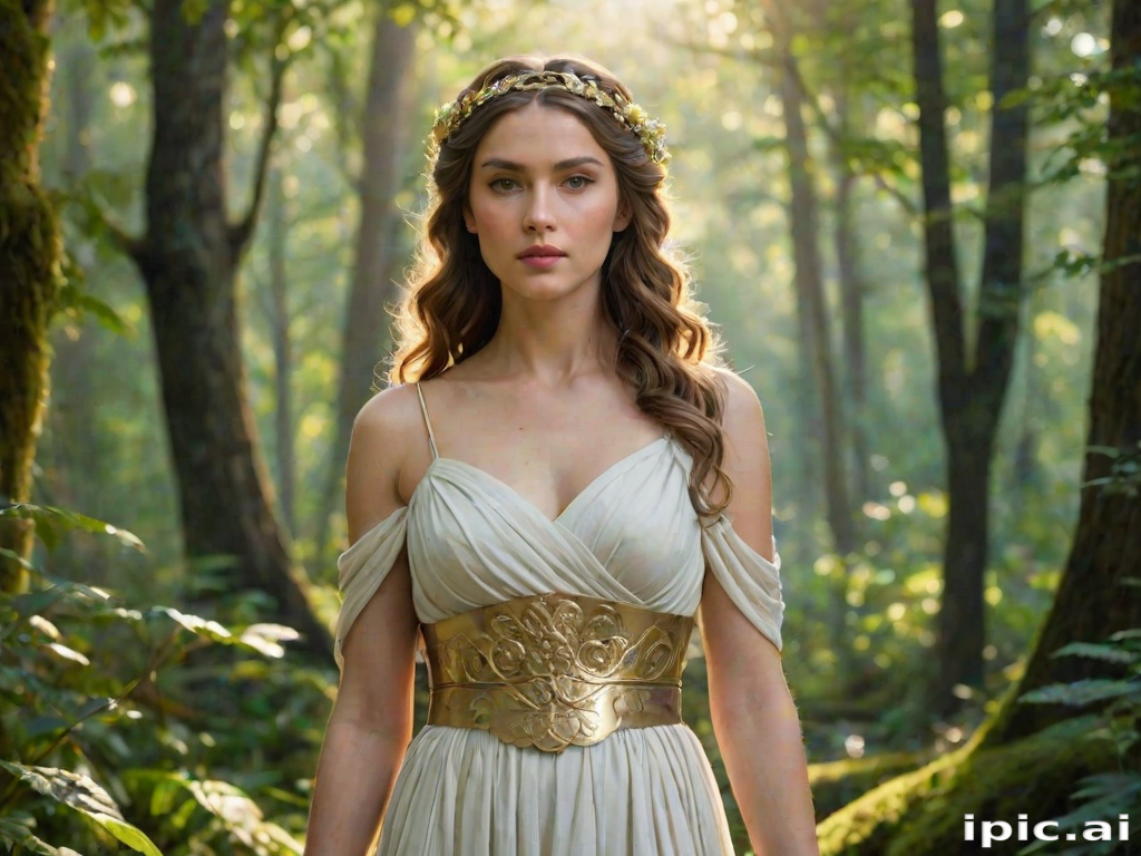 Create a portrait of a goddess-like female figure in a tranquil, forested environment. She has an elegant appearance with long, wavy hair styled in an updo and adorned with a delicate, floral headband. She wears a flowing, ancient Greek-inspired gown in a soft, pale color, featuring a one-shoulder design and draped fabric that accentuates her graceful form. The outfit includes a decorative belt with ornate gold detailing, and she holds a bow in her hand, with a quiver of arrows slung over her shoulder. The background depicts lush greenery, with sunlight filtering through the trees, casting a gentle, ethereal light on the scene. Her expression is calm and contemplative, embodying a sense of wisdom and serenity.