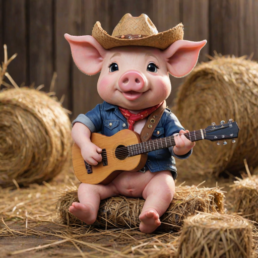 A chibi pig, dressed as a cowboy, playing guitar, sitting on a hay bale