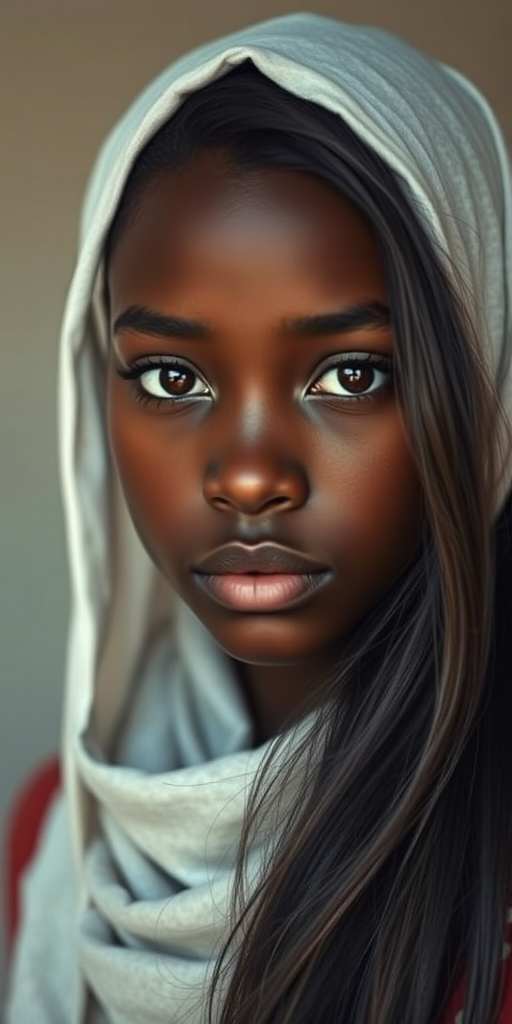 Create a portrait of a young African American female with long, dark hair and captivating hazel eyes. She is wearing a white headscarf and a matching scarf draped gracefully around her neck. The background is softly blurred, focusing attention on her serene and natural expression. The overall color palette is muted and warm, enhancing the intimate and authentic feel of the portrait.