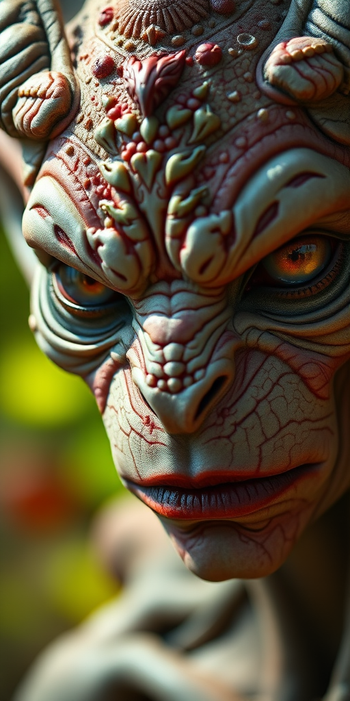 Create a hyper-realistic portrait of a fantasy creature with intricate details on the skin texture and facial features, captured with a Canon EOS R5 at 85mm f/1.2, using natural lighting and a shallow depth of field to emphasize the dramatic expression and rich colors in the background.