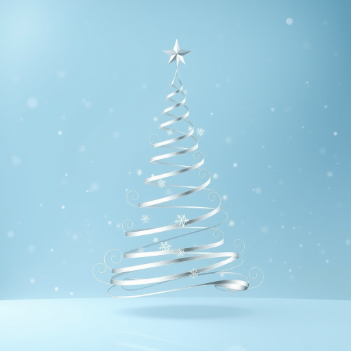 Create a minimalist Christmas tree design featuring silver spirals and stars against a soft blue background with falling snowflakes. The tree should have a modern and elegant look, with a star on top and a smooth, reflective surface. The overall atmosphere should be serene and festive.